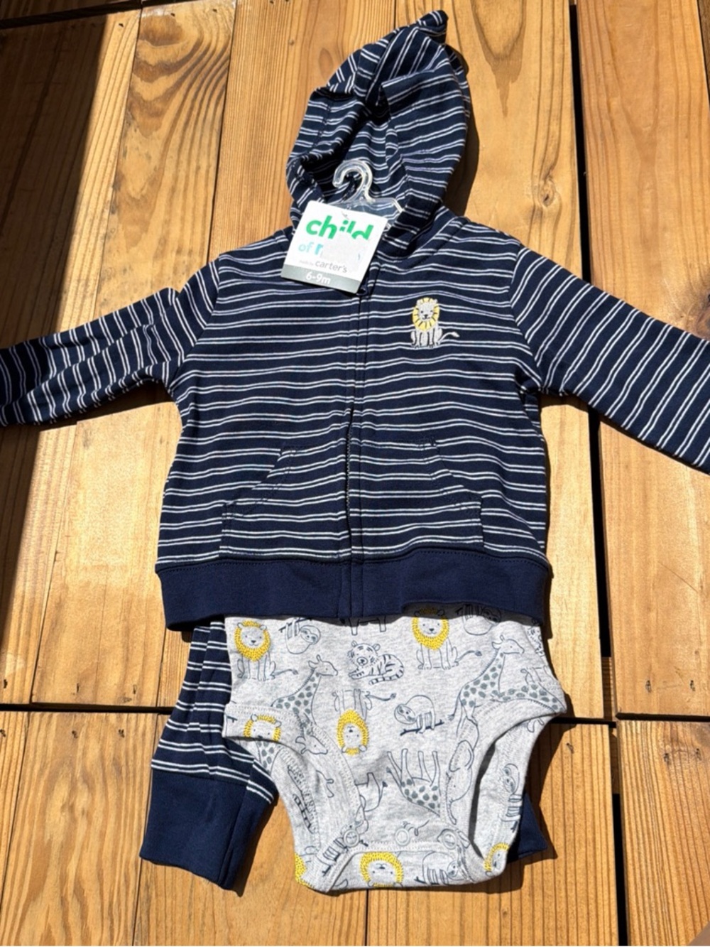 child of mine Navy Stripe Hoodie with Gray Lion Print One-Piece